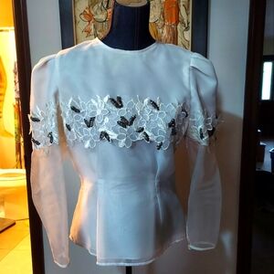 Vintage CI New York Floral Beaded Puffy White Blouse, Medium